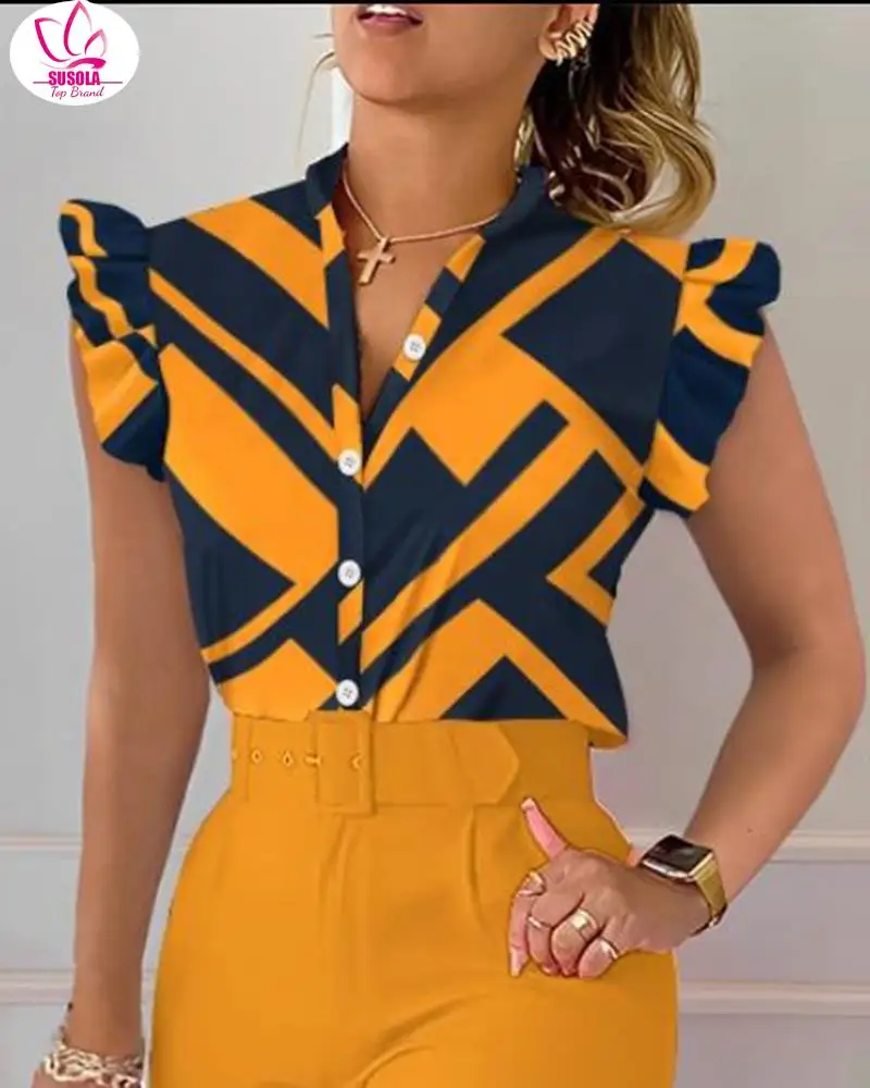 

Женская блузка с цветочным принтом, V-образным вырезом и коротким рукавом