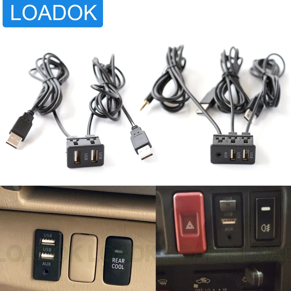 

Universal Car Dash Flush Mount Dual Two USB Socket Port Switch Panel 3.5mm AUX Interface Extension Cable Adapter For Toyota VW