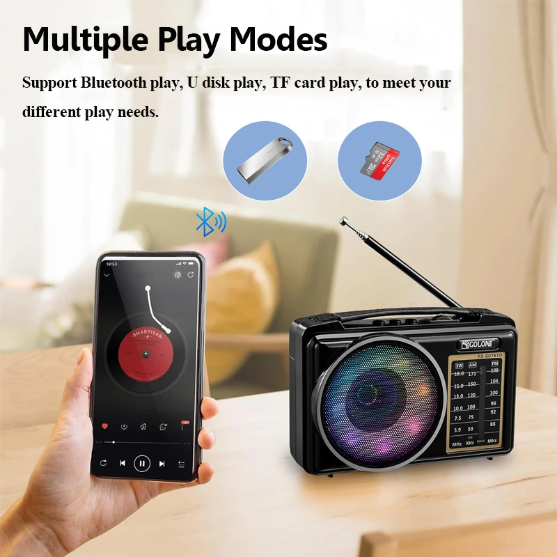 Portable FM AM SW Radio Full Band Radios Receiver Colorful Ambient Light Bluetooth Speaker Wireless TWS Connection Music Player