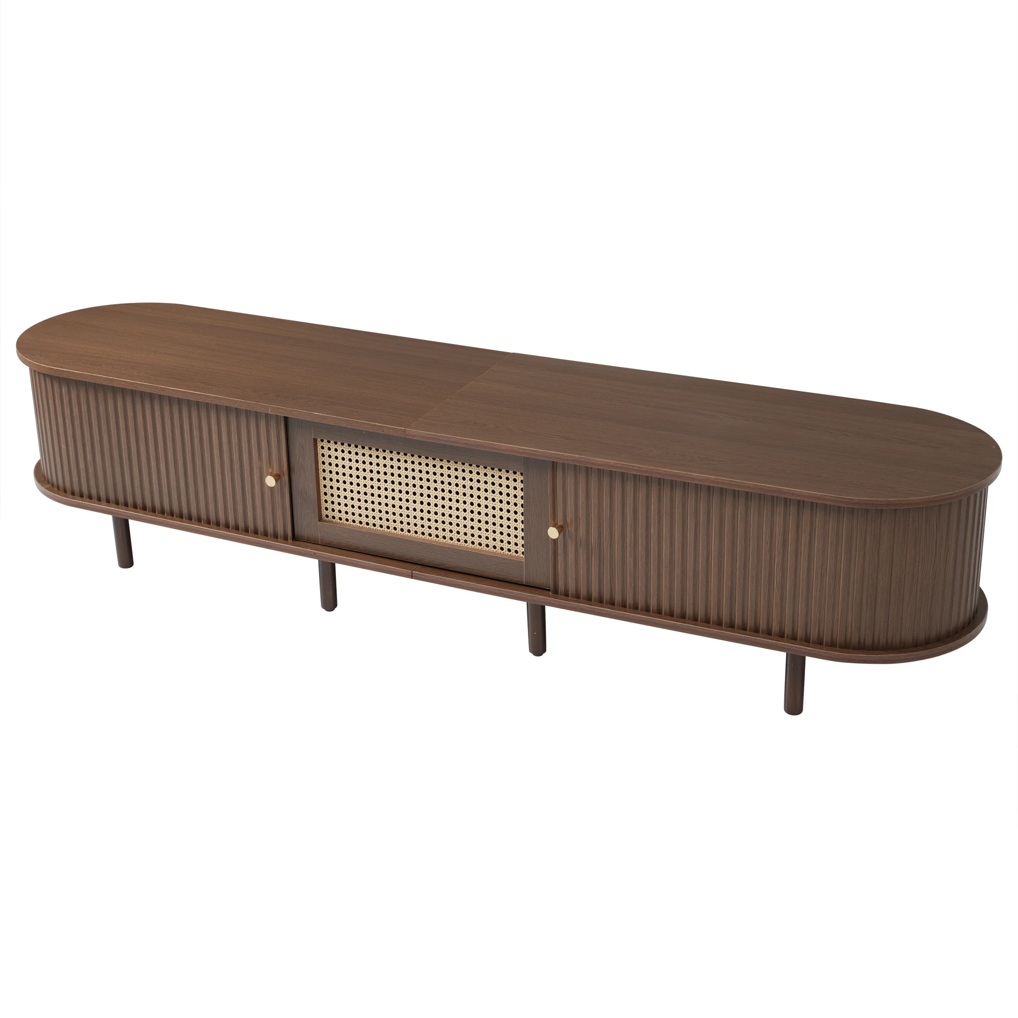 KOMHTOM Ovaler TV-Ständer Nussbaum Dunkel, Rattan-Design 180cm MDF, Verstellbare Füße, 30kg Belastbarkeit – Detail 11