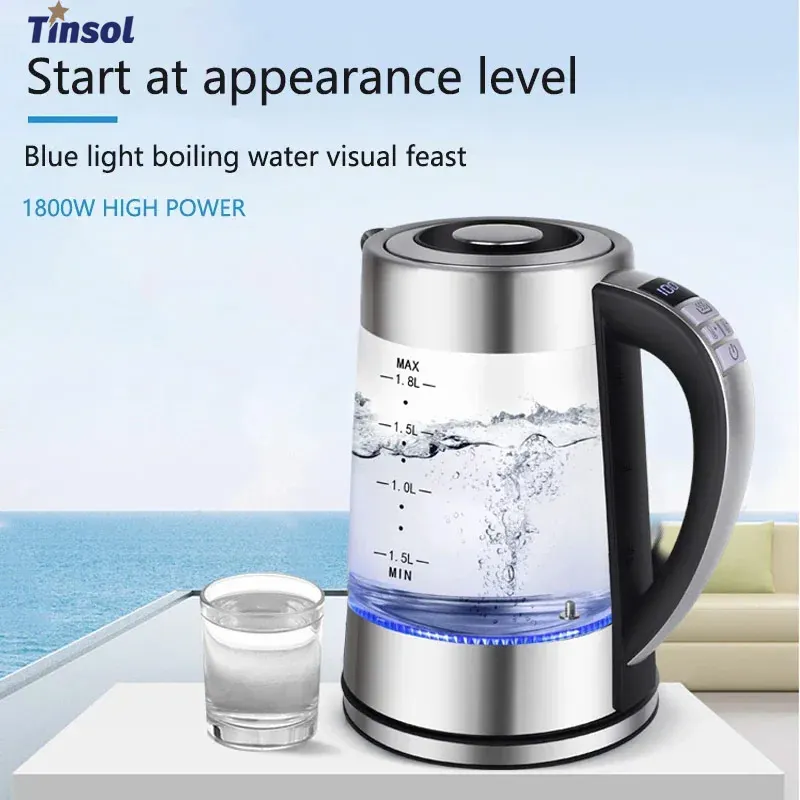 TINSOL 1.8 Liter Smart Electric Kettle Stainless Steel High Borosilicate Glass Electric Kettle Automatic Power Off with Filter