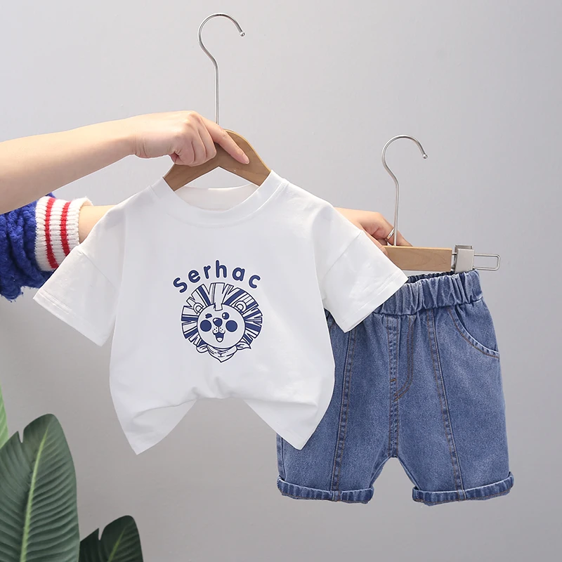 

2022 Summer Baby Boys Clothing Sets Kids Tracksuit Infant Clothes Cartoon T Shirt Denim Shorts Children Outfits 2 Pieces Suit