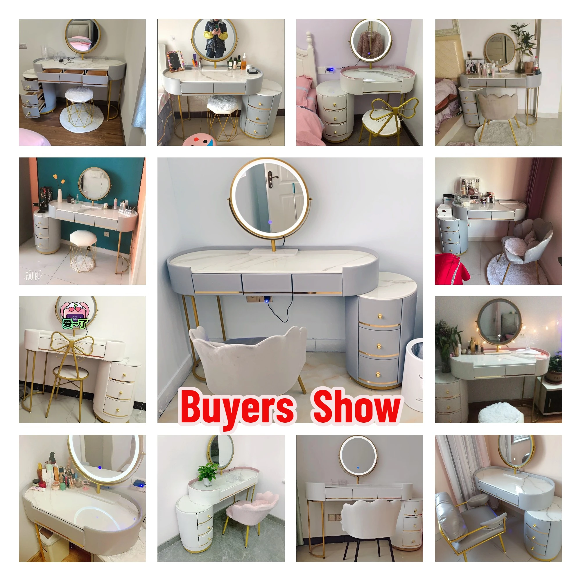 Mordern White Gold Vanity Desk Dressing Table with Mirror Makeup Table with LED Lighting 6 Drawers for Bedroom Home Furniture