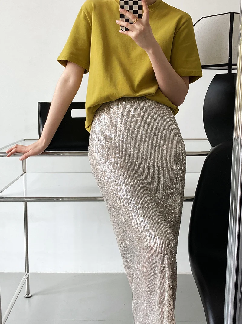 2022 Spring Summer Mesh Sequins Beading Women Skirts High Waist Elegant Solid Mermaid Long Skirts Sexy club Party Bodycon Skirts brown skirt