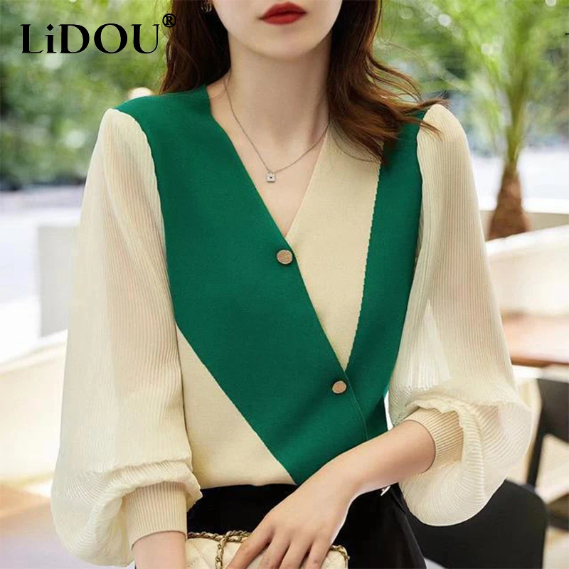 Spring Autumn Korean Fashion V-neck Knitted Chiffon Patchwork Blouse Top Women Long Sleeve Diagonal Buttons Shirt Female Clothes