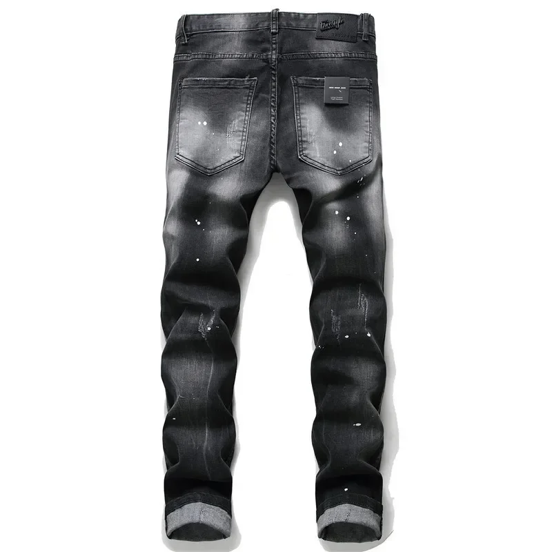 DSQ2 European and American Tattered Paint-splashed Men's Slim Fit Ripped Patch Stretch D2 Jeans Tight Beggar Pants 1056 2
