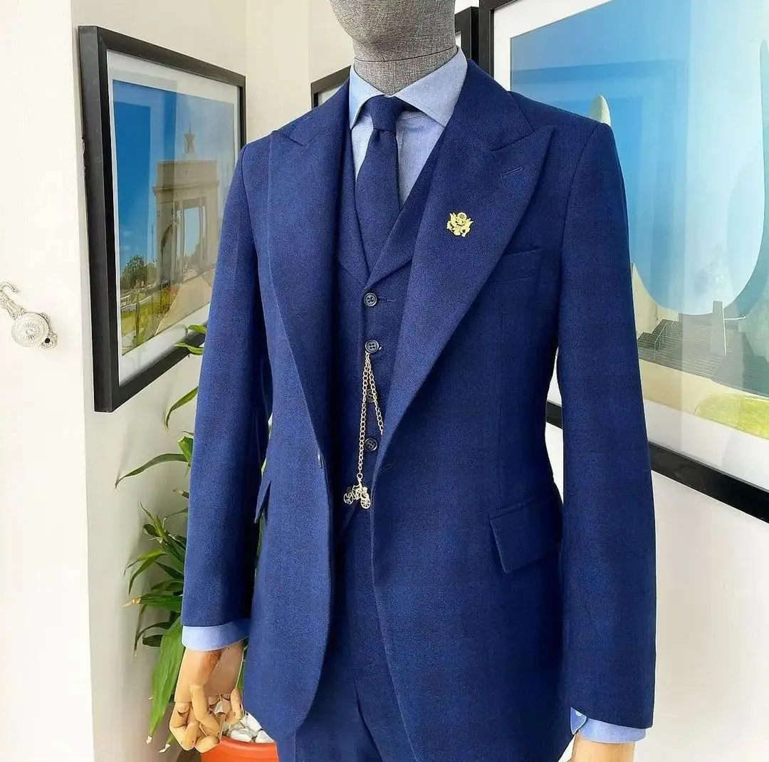Navy Men Suits Tailor-Made 3 Pieces Blazer Vest Pants One Button Peaked Lapel Slim Stylish Business Wedding Plus Size Tailored