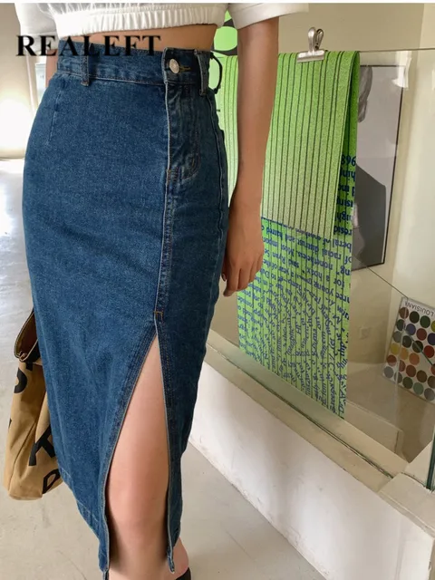 REALEFT Midi Denim Skirt: Spring Side Split, High Waist