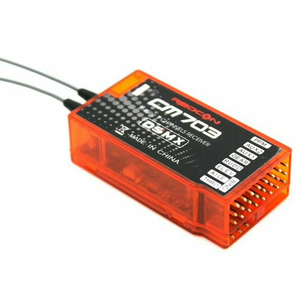 Récepteur RC CM703 7 canaux 2.4G DSM2/DSMX avec sortie PPM, boîtier ouvert montrant les composants internes
