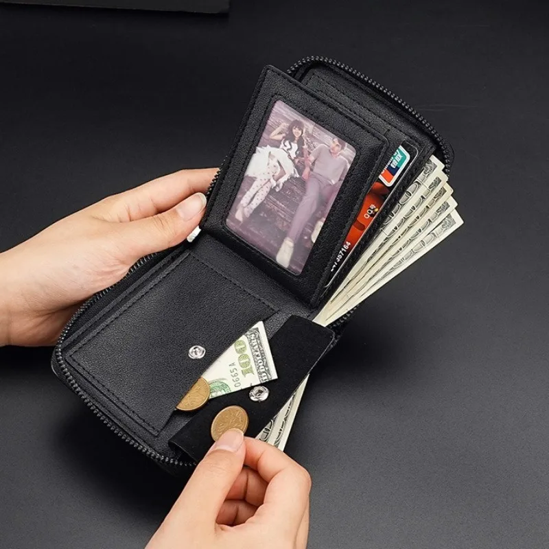 Luxury Leather Men's Short Wallet Spliced Stone Pattern Large Capacity Three Fold Bag Zipper Coin Wallet Multi Card Money Clip