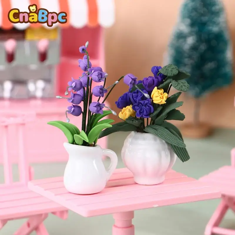 

1:12 миниатюрный цветочный горшечный кукольный домик, цветочный горшок, фиолетовые глиняные цветы, кукольный домик, садовый декор, модель бонсая, детские игрушки для игр