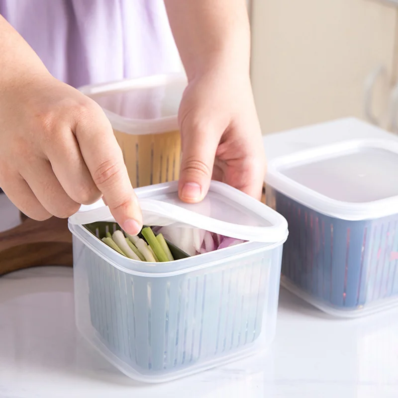 Refrigerator Storage Box 2 Grids Food Fruit Storage Box Portable Compartment Fridge Organizer Drain Basket Meat Onion Crisper kitchen storage box,food storage container