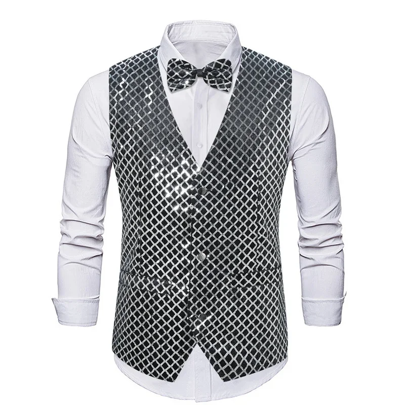New Men Sequined Suit Vest Host Singer Stage Performance Luxurious Checkered Dress Loose Waistcoat