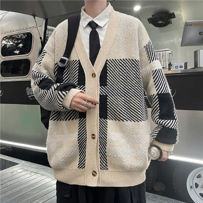 

Men V Neck Knit Cardigan College Style Loose Casual Sweater Coat Jacket 2022 Autumn Winter Fashion Teen Cardigan Men's Clothing