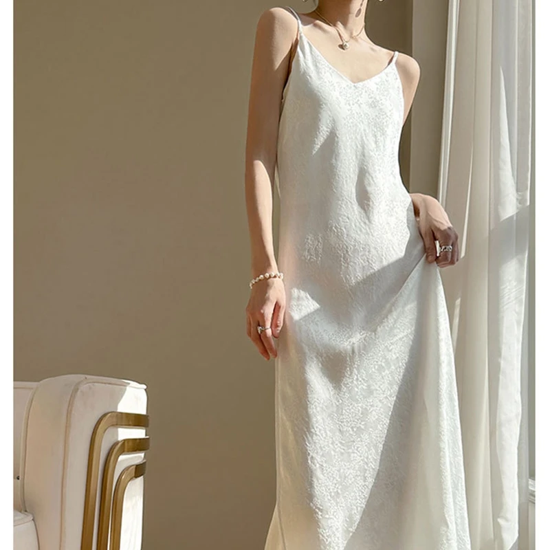 

V-neck silk printed temperament ladies new acetate satin suspender dress