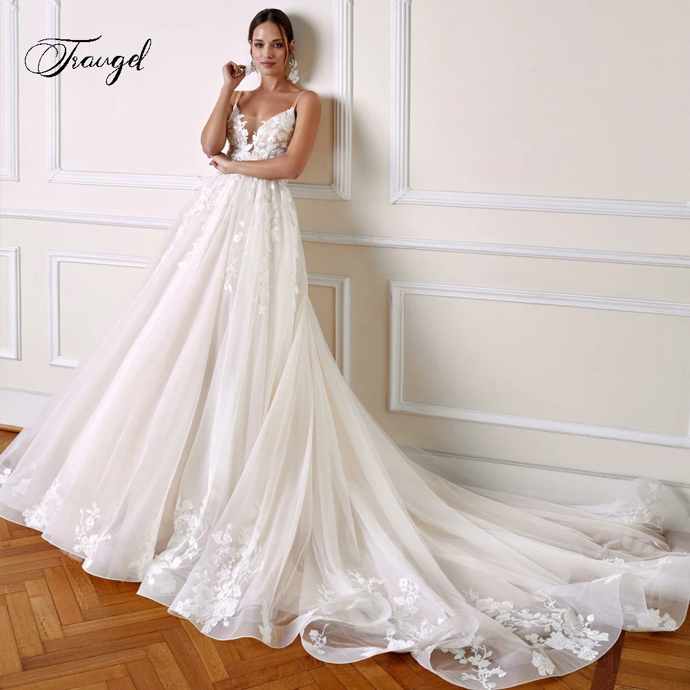 

Traugel Sexy Backless Sweetheart Vintage A Line Wedding Dress Exquisite Applique Beaded Spaghetti Straps Court Train Bridal Gown