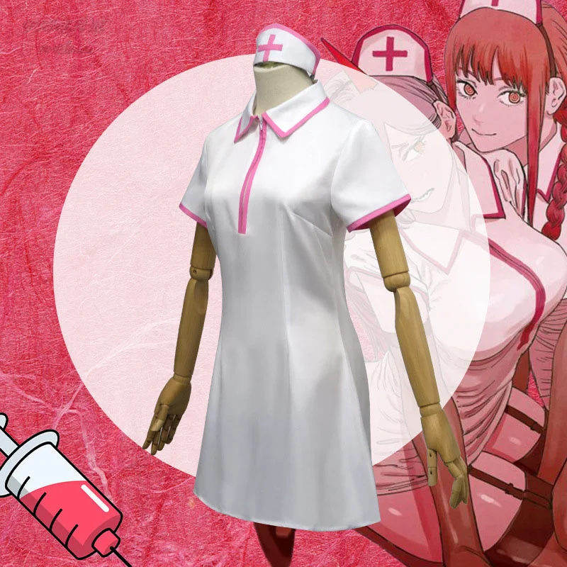 

Cos Nurse Uniform Full Set Chainsaw Man Makima Power Utfits Halloween Hat Wig Carnival Suit Sexy Devil Hunter Pawamachima