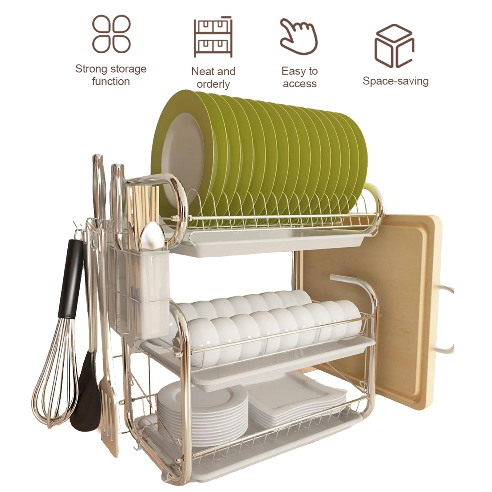 3 Tiers Dish Drainer Large Kitchen Organizer Multifunctional Countertop Dish Drying Rack Drain Rack for Bowls Plates Dishes