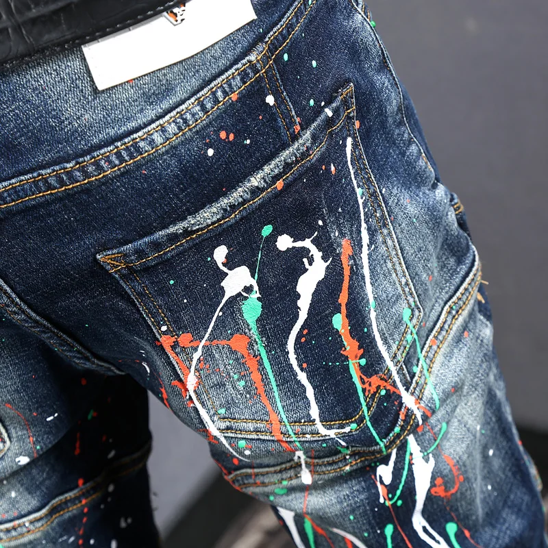 Street Fashion Men Jeans Retro Dark Blue Spliced Designer Elastic Slim Ripped Jeans Men Painted Hip Hop Denim Biker Pants Hombre