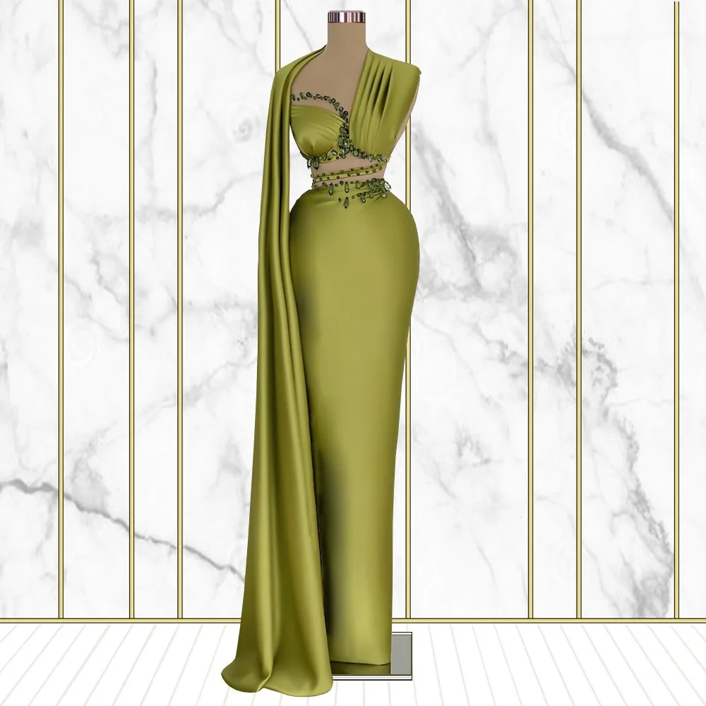 

Green Prom Dresses Sheath Floor Length Two Pieces Crystals Long Prom Gown Saudi Arabia Dubai Black Girls Evening Dresses