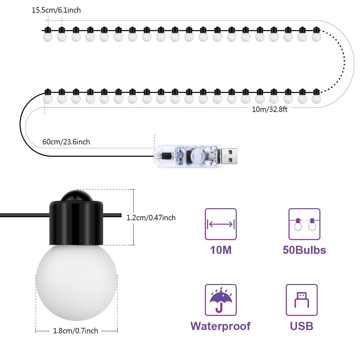 USB Bluetooth Цветные светодиодные гирлянды G18 10 м 50 бусин Гирлянды-гирлянды для рождественской спальни Открытый садовый д...