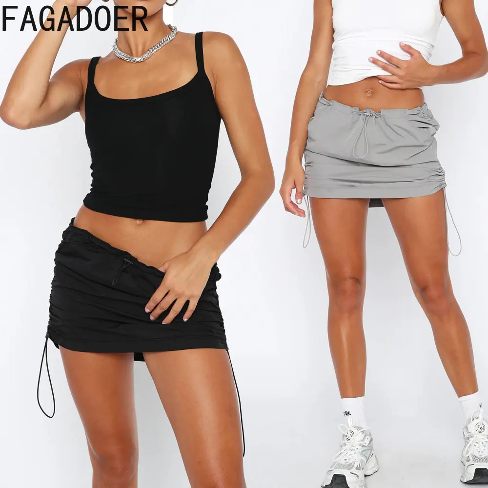 FAGADOER Sexy Drawstring Design Mini Skirts Fashion Women High Waisted Pleated Pocket Skirts Casual Female Solid Color Bottoms