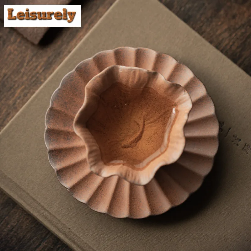 60ml Coarse Pottery Lotus Leaf Carp With Coaster Teacup Zen Tea Bowl Jug Tea-tasting Fragrance Cup Chazhan Master Cups For Tea