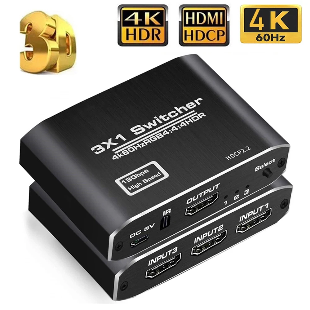 

4K HDMI 2.0 Switcher 3 In 1 Out HDMI-compatible Switcher Box Adapter 4K@60Hz HDR Switch Audio Extractor for PS5 PS4 Xbox