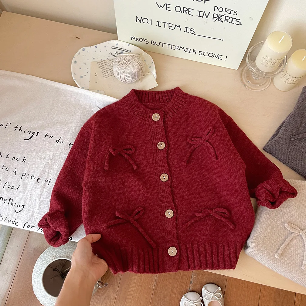 2026 가을 여아 및 아동용 스웨터 신상 리본 레드 코트  니트 가디건 상의