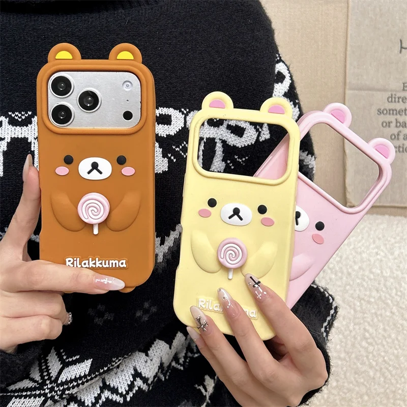 Cute 3D Rilakkuma Bear Spinning lollipop Phone Case For Xiaomi 17 Pro Max 15 14 Poco F7 F5 Pro Decompress Soft Silicone Cover 4