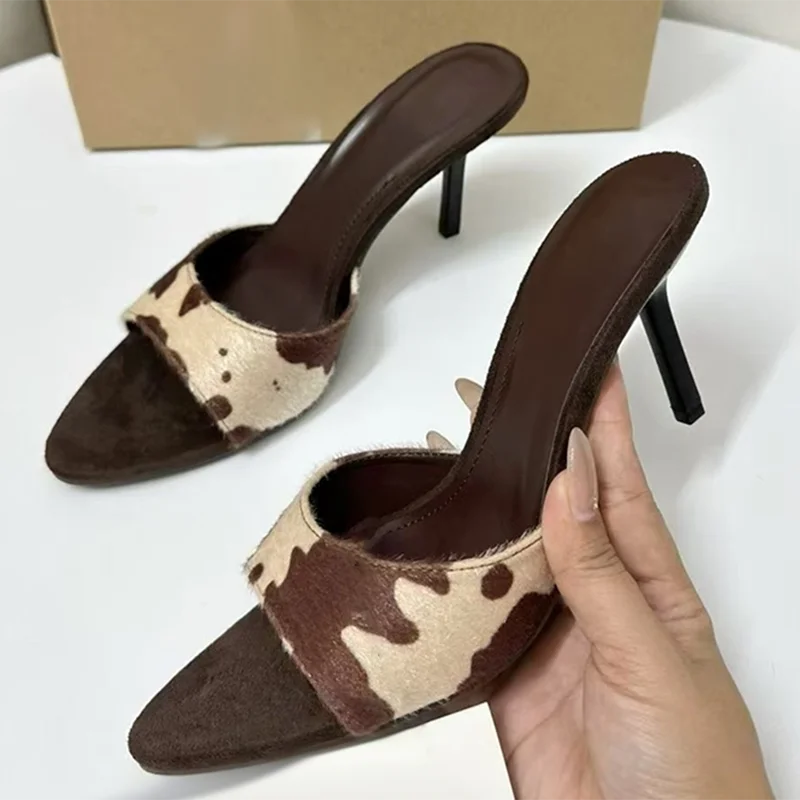 Aneikeh Summer Fashion Retro Design Animal Print Leather Pointed Toe Thin Heels Slippers Women Female Mules Sandals Slide Shoes 1