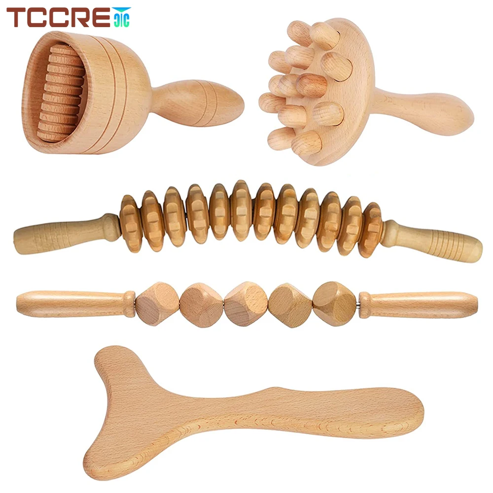 5pcs Wooden Curved Massage Roller Stick Wood Therapy Lymphatic Drainage