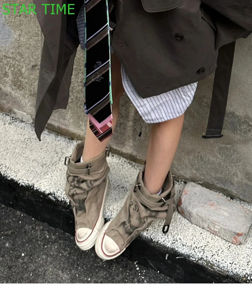 Denim Round Toe Casual Ankle Boots  2024 Spring Belt Buckle Street Style Sports Shoes Khaki Fashion Women Short Boots
