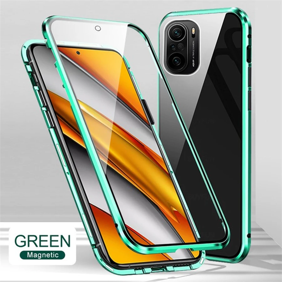 Leton Funda Para Xiaomi 11T / 11T Pro Con Adsorción Magnética, Marco De Aluminio Y Doble Vidrio Templado. Transparente, Carga Inalámbrica, Color Verde.
