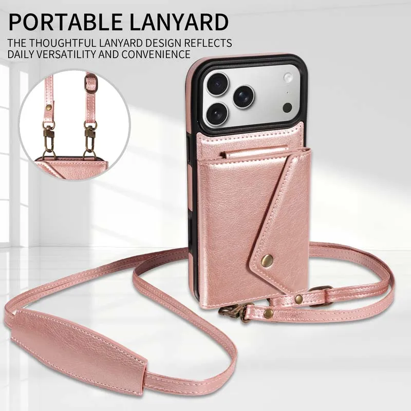 Elegant Leather Crossbody Phone Case with Wallet and Card Slots – Fashionable Long Lanyard Design