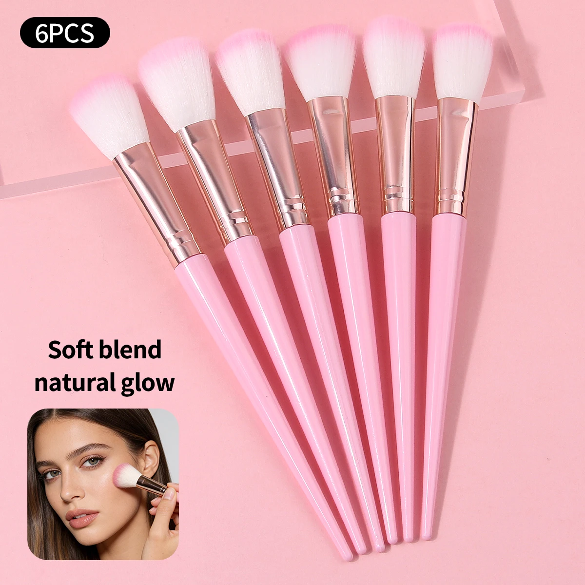 6PCS 핑크 블러쉬 브러쉬 메이크업 브러쉬, 길고 가느다란 플라스틱 손잡이, 흰색 헤어, 분홍빛이 도는 헤어 팁, 컨투어 브러쉬, 조각 브러쉬