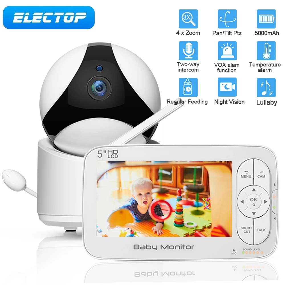 

ELECTOP 5inch 720P HD LCD Screen Video Baby Monitor No WiFi Night Vision Baby Camera Monitor 4xZoom/Pan/Tilt Ptz 5000mAh Battery