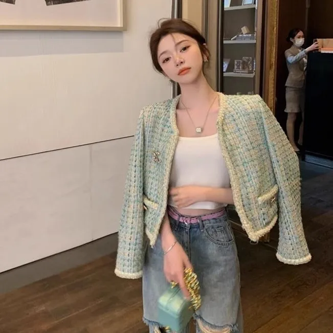 

Женская твидовая куртка, повседневная однобортная клетчатая куртка с длинным рукавом и круглым вырезом, модель R735 на весну и осень, 2024