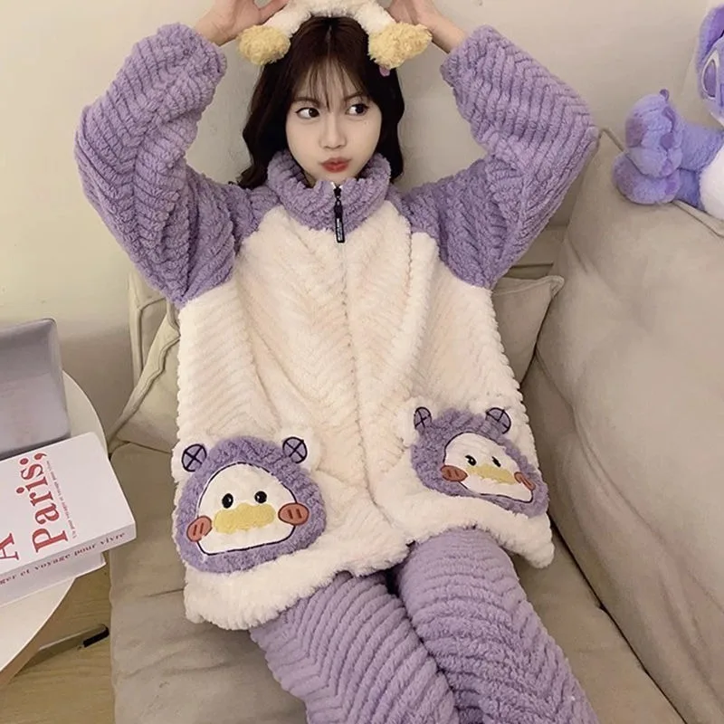 2024 New Women's Pajamas Set Winter Thick Ladies Sleepwear Flannel Cute Cartoon Famle Pijamas Coral Velvet Girls Loungewear Suit