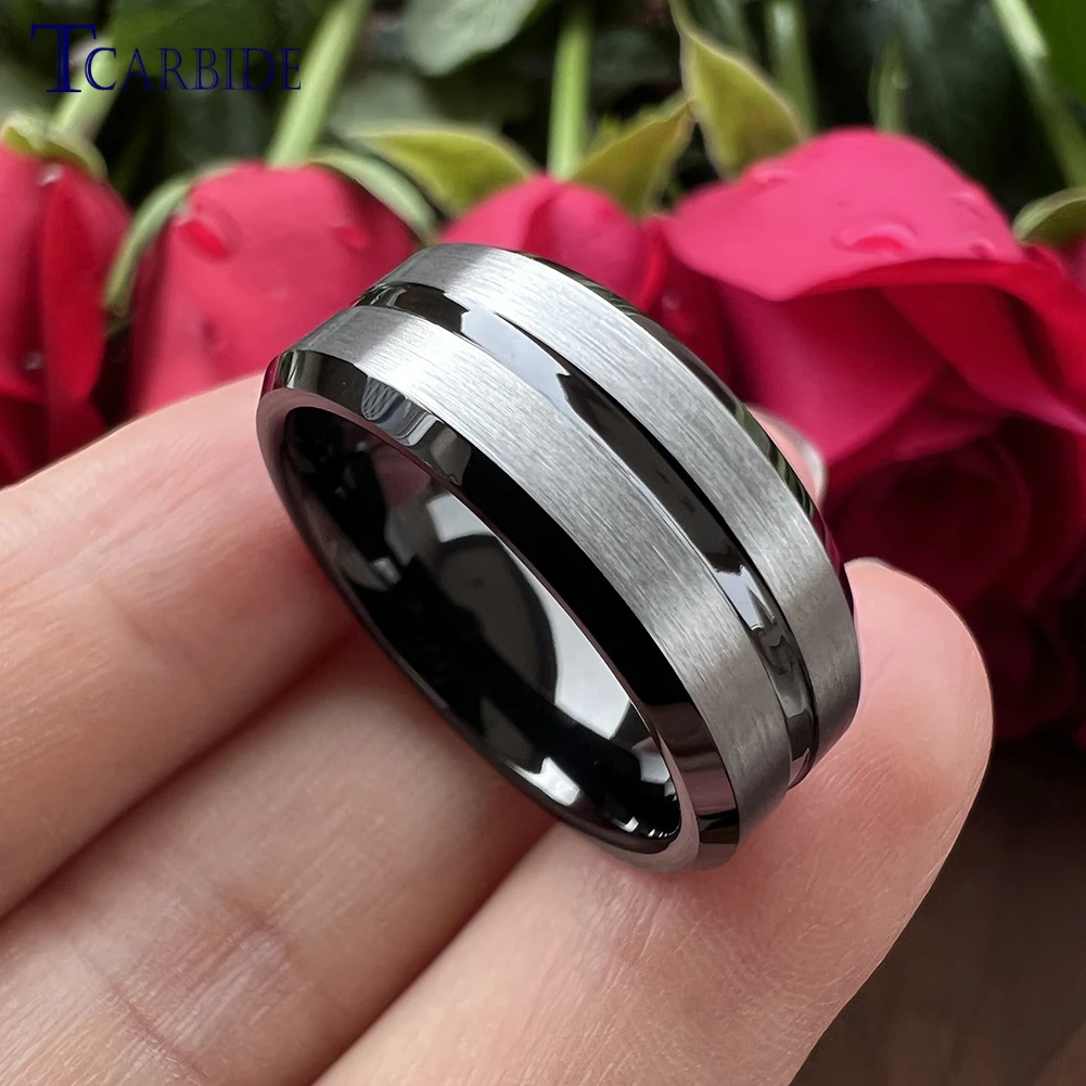 Dropshipping TCarbide 8MM Black Tungsten Wedding Band Men Women Engagement Ring Grooved Brushed Classic Dailylife Gift Jewelry