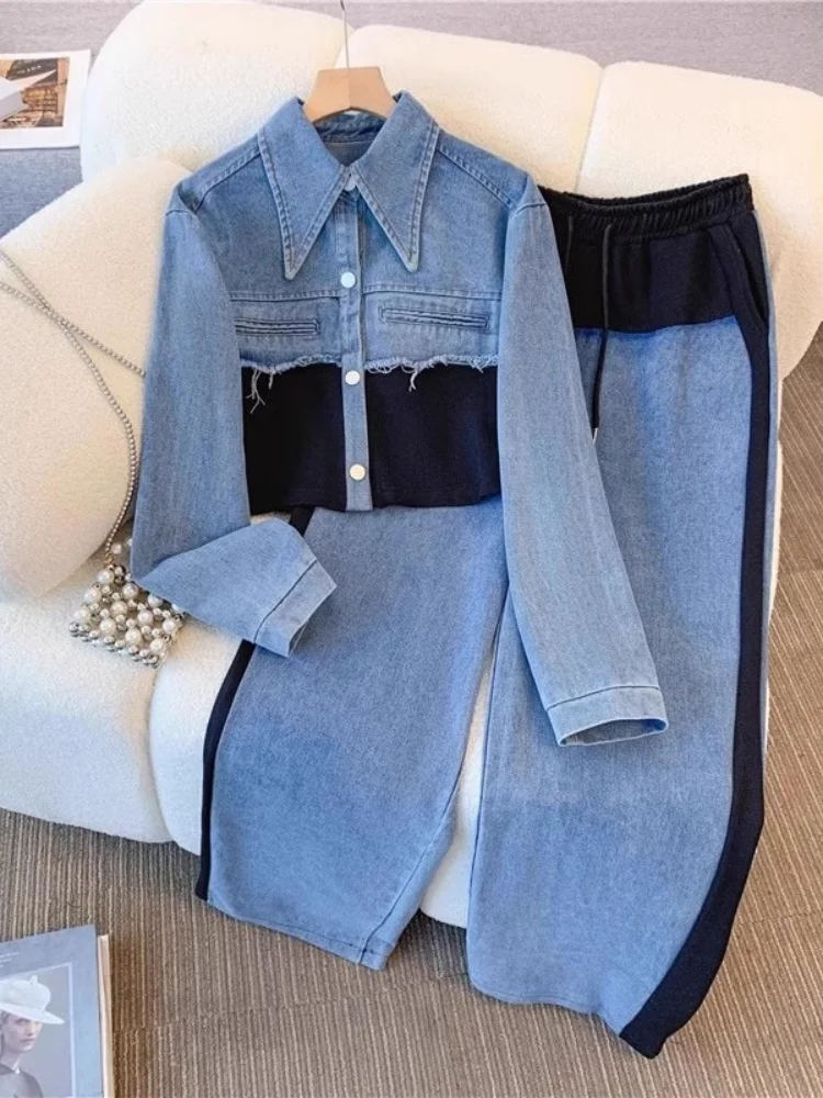 Wmstar Two Piece Outfits Wholesale Denim Patchwork Fashion Casual New Long Sleeved Top Wide Leg Long Pants Fall Matching Suit