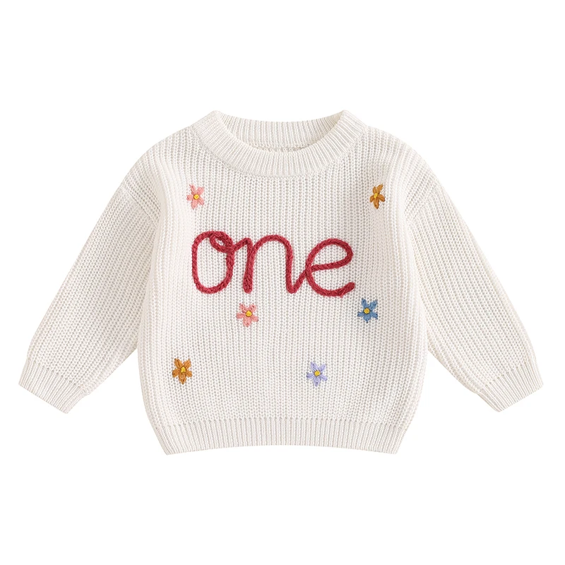 FOCUSNORM 0-18M Herbst Winter Baby Mädchen Jungen Pullover Langarm Rundhals Blume Buchstaben Stricken Pullover Pullover geburtstag Tops – Detail 2