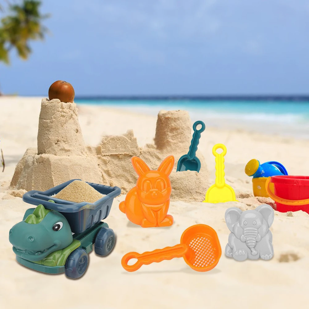 6Pcs Dinosaur Summer Beach Toys with Dump Truck Sand Molds Shovel Rake Sand Sifter Sand Toys Sandbox Toys for Kids Boys Girls 3