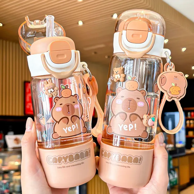 Portable Spring Lid Drink Cup With Straw Capybara Creative Cartoon Drinkware Double Opening Plastic Kids Capybara Bottle Gift 2