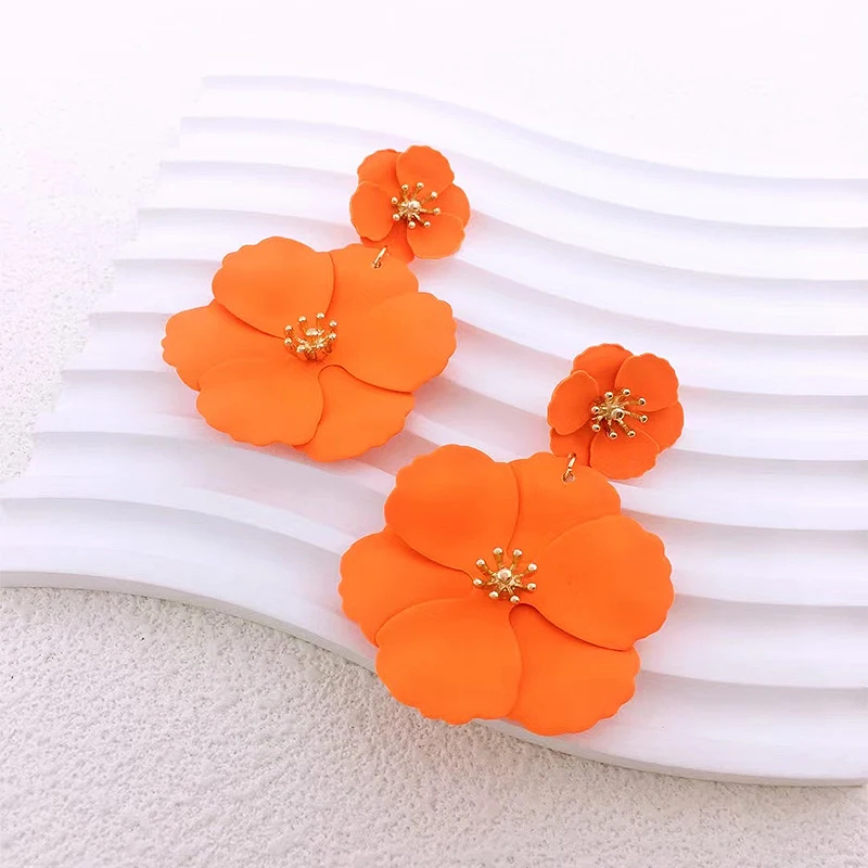 New Fashion Big Flower Drop Earrings for Women Vintage Orange Long