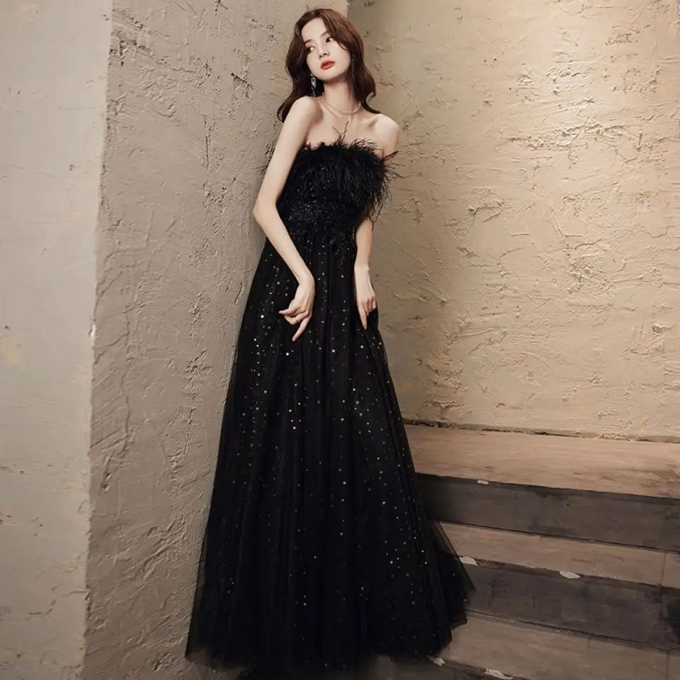 New sleeveless feather long lady girl fairy women prom party evening dancing performance dress