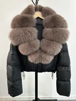 Janveny Large Natural Fox Fur Collar 90% White Duck Down Jacket Women Winter Short Waterproof PU Puffer Coat Female Thick Parkas 1