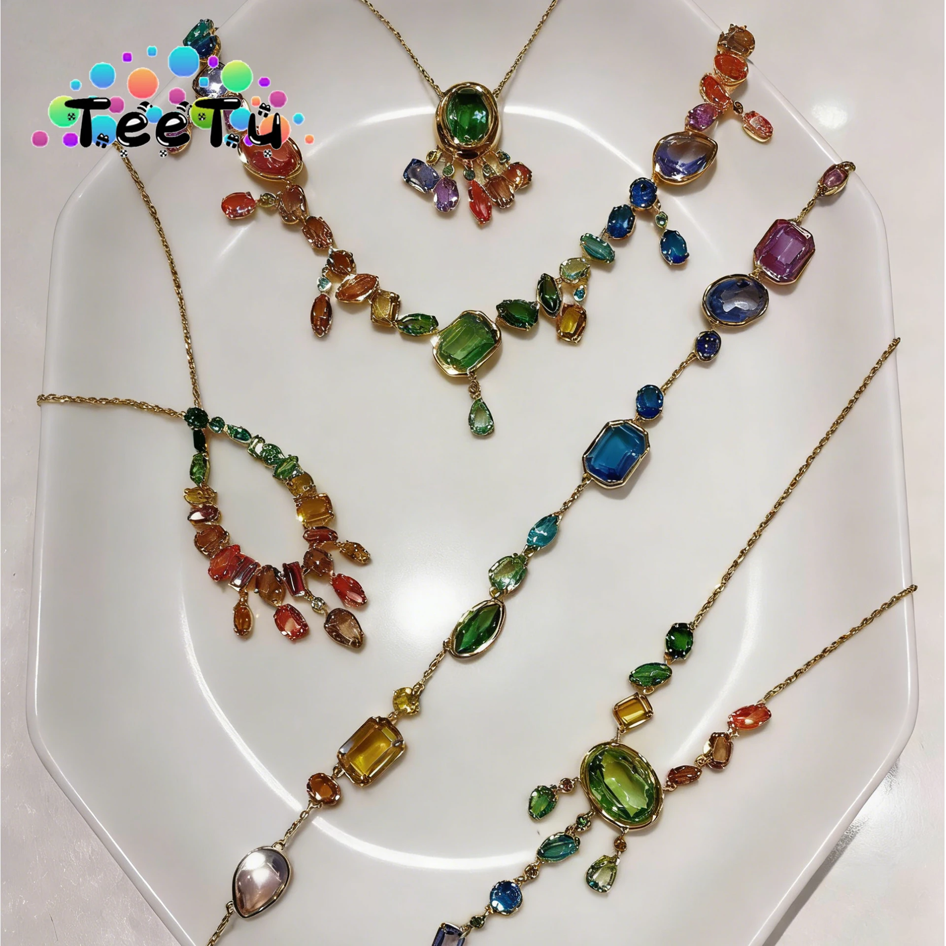 2026 새로운 트렌드 럭셔리 기념일 쥬얼리 세트 참 핑크 그린 블루 워터 드롭 크리스탈 패션 목걸이 귀걸이 여성을위한 선물