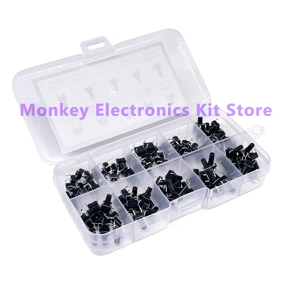 Push Button Switch 100 180 and 200 PCS 10 kinds of push-button switches directly inserted touch switch hardcover Box Kit