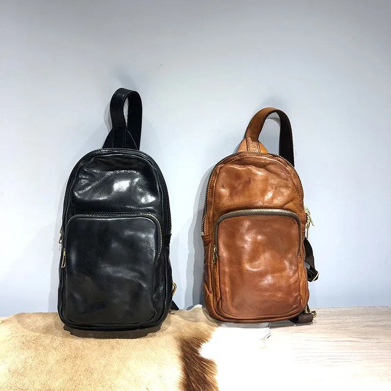 Vintage luxury natural genuine leather men's chest bag casual sports crossbody bag outdoor real first layer cowhide shoulder bag